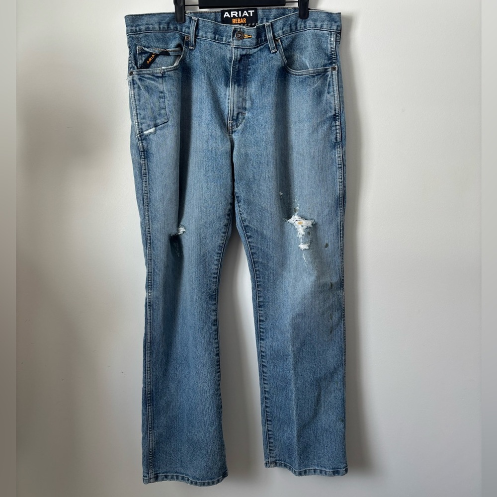 Ariat Men's Rebar M4 Perfectly Worn & Distressed Low Rise Bootcut Jeans